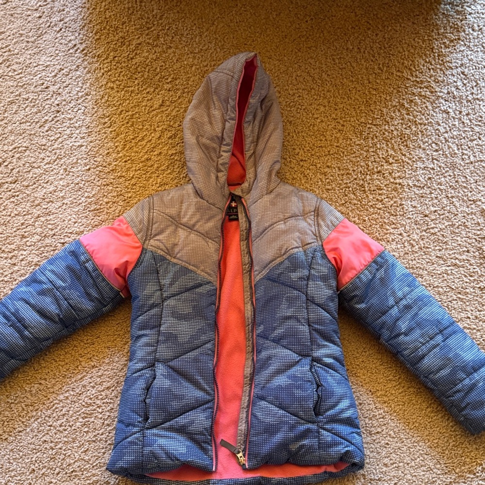Girls' Colorblock Hooded Puffer Jacket - Blue, Gray & Coral
